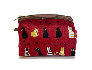 山型ポーチ足跡ネコ レッド 化粧ポーチ マチ付きポーチ 猫ポーチ ねこ好き 御陵庵 日本製 帆布生地 可愛いポーチ オシャレポーチ 京都帆布 和雑貨