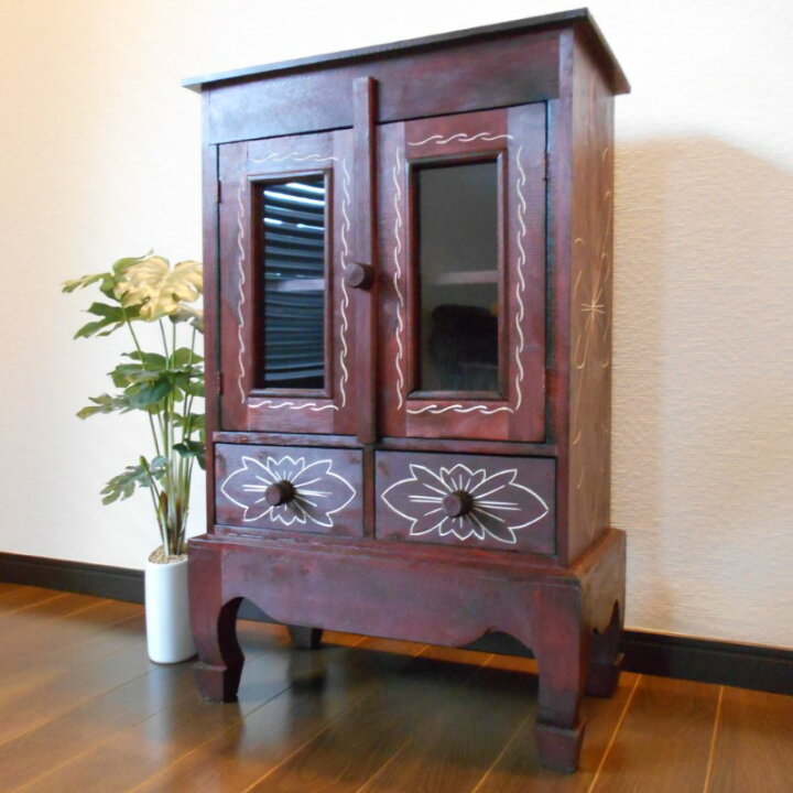 楽天市場】アジアン家具 バリ家具 花柄模様 猫足 キャビネット 収納 