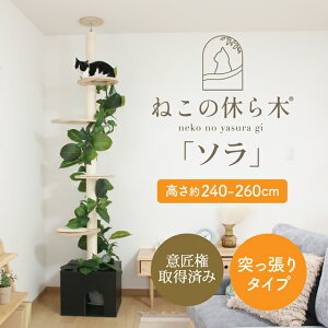 フェイクグリーン付き キャットタワー つっぱり式 突っ張り 天井 スリム おしゃれ おすすめ シンプル 爪とぎ 隠れ家付き 木製