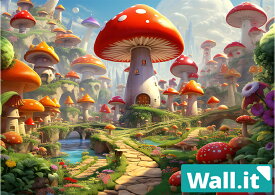 【Wall.it A4 フィギュアディスプレイケース専用背面デザインシート 横向】 ファンタジー 風景 キノコ村 異世界 ゲーム RPG マリオ 背景