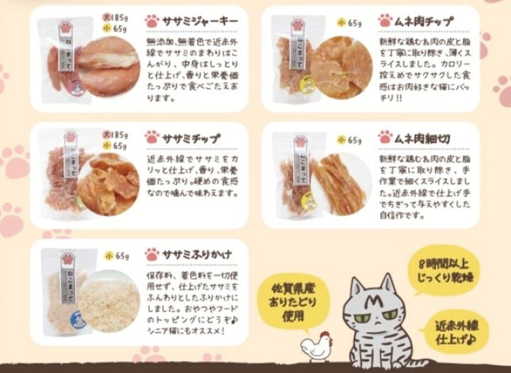楽天市場 猫 おやつ 国産 無添加 ササミチップ 65g ねこまって 保存料 無着色料 無添加 安心安全なキャットフード 佐賀県有田産 ありたどり使用 手作り ささみ トッピング ねこ ペットフードハウスmoo