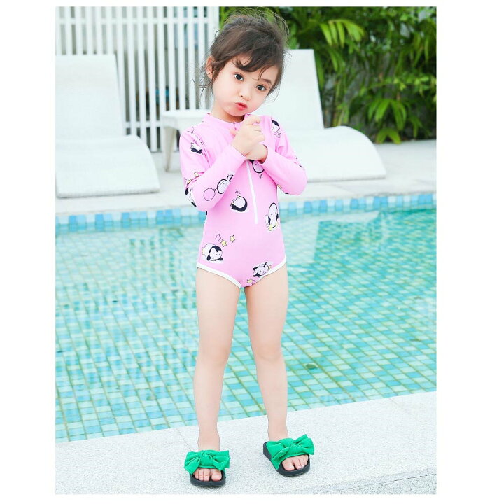 楽天市場 キッズ 水着 女の子 ワンピース 子供水着 ジュニア 長袖 上下 2点セット 七分袖トップス キュート 女児 ガールズ 女子 水遊び プール 海 川 アウトドア 動きやすい おしゃれ かわいい ピンク ペンギン 100cm 110cm 1cm 130cm 140cm ホユキ楽天市場店