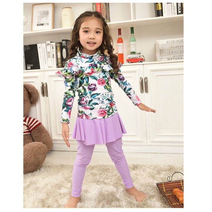 楽天市場 キッズ水着 キッズ 女の子水着 ラッシュガード 帽子付き 長袖 花柄 パープル スカートレギンス付き 3点セット 海 プール 紫外線 日焼防止 ホユキ楽天市場店 楽天市場 キッズ水着 キッズ 女の子水着 ラッシュガード 帽子付き 長袖 花柄 パープル スカートレギンス付き 3点セット 海 プール 紫外線 日焼防止 ホユキ楽天市場店