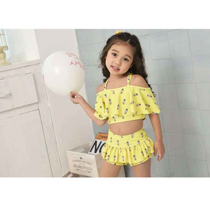 最安値挑戦 キッズ水着 キッズ 女の子 セパレート水着 オフショル キュロット 2点セット パイナップル柄 フリル イエロー オレンジ ブルー ピンク Recomenda Co