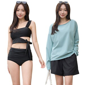 水着 レディース 体型カバー ビキニ 長袖 ラッシュガード Tシャツ ショートパンツ 4点セット ハイウエスト セパレート カットアウト オーバーサイズ リボン 無地 ママ水着 普段着 二の腕 サ