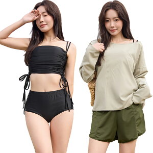 水着 レディース 体型カバー ビキニ 長袖シャツ ラッシュガード 大きいサイズ ショートパンツ 4点セット クロップド丈 セパレート ギャザー 無地 ママ水着 普段着 日焼け対策 二の腕 サウナ