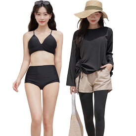 水着 レディース 体型カバー ビキニ 長袖シャツ ラッシュガード ショートパンツ レギンス 5点セット ハイウエスト セパレート シャーリングデザイン 無地 20代 30代 40代 ママ水着 オーバーサイズ風 二の腕 サウナ