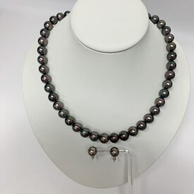 【中古】 ネックレスピアスセット　黒蝶真珠8.5-10mm パール　SILVER