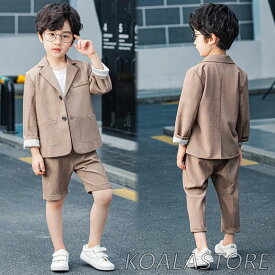 【レビュー特典 20％OFF】男の子カジュアルパンツセット キッズ紳士服 子供スーツセット 子供服 ロンパン短パン パンツセット チェック柄 子どもタキシード スーツジャケット テーラードジャケット 発表会 結婚式 卒園式 舞台衣装 七五三 ブラウン 90cm-170cm