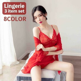 送料無料 ベビードール ショーツ ナイトガウン 3点セット ランジェリー ルームウェア レディース 女性 レース 透け感 腰紐付き 7分袖 羽織り Vネック ミ