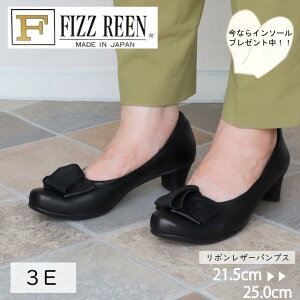 【FIZZ REEN】 リボン レザー パンプス 本革 ローヒール フォーマル 21.5 25.0 痛くない 厚底 おしゃれ 靴 黒 ヒール 4センチ