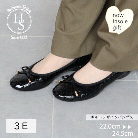 ★5の付く日はP5倍! 【日本製】 キルトデザイン パンプス ぺたんこ 入学式 卒業式 3cm ヒール3センチ 3E 外反母趾 ブラック 黒 痛くない フラットパンプス キルト リボン エナメル ラウンドトゥ 撥水 雨 靴 オフィス かわいい フォーマル