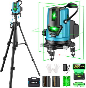 Elikliv 新品限定★10倍P還元★レーザー墨出し器 5ライン アルミケース付き エレベター三脚 4方向大矩照射 大容量バッテリー2個 360°微調整 高輝度 高出力 自動補正 グリーン ブルー 型番:B5