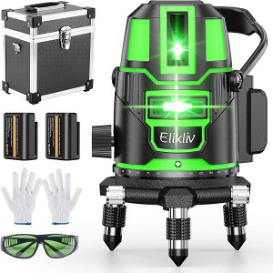 Elikliv 新品限定★10倍P還元★レーザー墨出し器 5ライン4方向大矩照射 大容量バッテリー2個 360°微調整 高輝度 高出力 自動補正 アルミケース付き グリーン ブルー 型番:B5