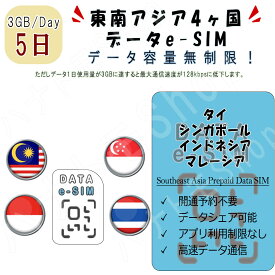東南アジア4ヶ国 eSIM プリペイドSIM SIMカード マレーシア シンガポール インドネシア タイ 1日3GB利用 5日間 4G LTE データ通信 テザリング可能 海外出張 海外旅行 短期渡航 一時帰国 旅行 短期 出張