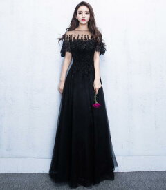 高品質★お呼ばれ パーティドレス ロング丈 結婚式 二次会 演奏会 花嫁 ロングドレス 披露宴 演奏会パーティードレス ドレス 袖あり ロング丈 レース 結婚式ドレス ピアノ 発表会 お呼ばれ 二次会 上品 大人 高級 黒