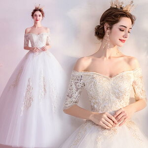 お呼ばれドレス オフショルダーウェディングドレス ロングドレス マキシ丈ワンピース レース 大人の魅力 大きいサイズあり 袖ありレース シンプルドレス 七五三 発表会 体型カバードレス 2