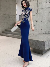 お呼ばれ チャイナドレス パーティードレス イブニングドレス 披露宴 二次会 演奏会 ウエディングドレス 成人式 花嫁 着痩せ 結婚式 フォーマル ピアノ マキシ丈ドレス 送料無料 S/M/L/XL/2XL/3XL ファスナー 高品質 20代30代40代 ママ 立ち襟 マーメイドライン 半袖 花柄紺