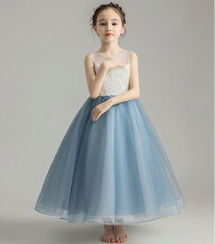 韓国風 超可愛いノースリーブワンピース 子供ドレス キッズ 結婚式 子供服 女の子 フォーマル ロング丈ワンピース ピアノ 発表会 イベント ステージ衣装 お嬢様風 プリンセス おしゃれ 森ガール シンプル マキシ丈 白/青 ジュニア 子どもドレス 切り替え 100~160cm