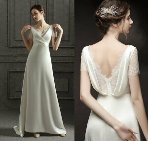 【送料無料】ウェディングドレス 海外挙式ドレス サテン Vネック シンプル 高級感 レース 背中空き 結婚式 ブライダル 前撮り フォトウェディング撮影 花嫁ドレス ピアノロングドレス ファ