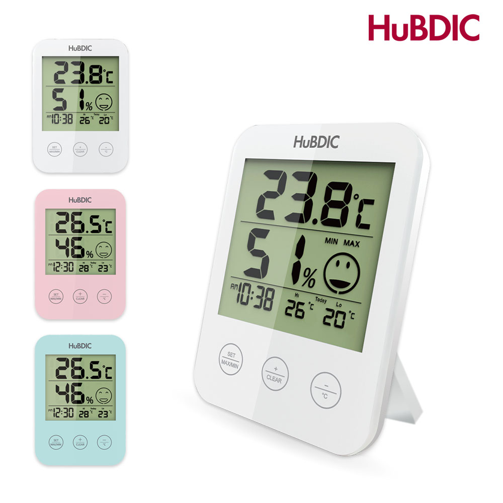 室内の温度 湿度 時刻を大型画面で見やすく表示するデジタル温湿度計 贈物 最高 最低の温湿度記録 温度 時間 顏マーク 温湿度計 置き型 壁掛け 爆安 赤ちゃん 子供部屋 大画面 卓上 5段階 高精度 快適レベル表示 インフルエンザ予防 リビング 温室 熱中症 HT-3 HuBDIC