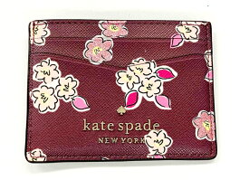 【本物保証 】ケイトスペード kate spade 送料無料 サフィアーノPVC ティンセル ボックスド スモール カードホルダー フロステッド フローラル カードケース ワインレッド 定期入れ 中古 美品