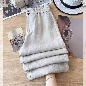 リネン ブレンド ワイド パンツ レディース ボトム リネンパンツ ワイドパンツ ロングパンツ ズボン ウエストゴム 体型カバー 太ももカバー ゆったり 楽ちん 美脚 美ライン タック ポケット きれいめ 綿 麻 ストレート パンツ レディース 2025