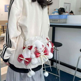 レディース ロリータ ふわふわ うさぎ ぬいぐるみ 斜めがけ バッグ 蝶結び 大きい耳 パール 装飾 ドローストリング かわいい ソフト スタイル 日常使い 軽量