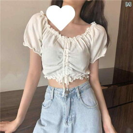 パフスリーブTシャツ カットソー Tシャツトップス パフスリーブ ブラウス風 通勤 レディース レディース 紫色の 半袖 Tシャツ 夏 甘くて スパイシーな レースアップ へそ 露出 ショート トップ スタイル