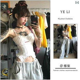 レディース 夏 レース 吊り帯 キャミソール ハイウエスト ゆったり カジュアル ワイドパンツ セット トップス ボディシェイプ フィット ガールズスタイル