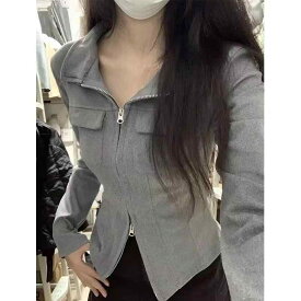 トップス レディース 長袖 ジッパー ショート丈 スリムフィット フェミニン インナー シャツ 春秋 柔らかい 素材 日常使い 軽量 伸縮性