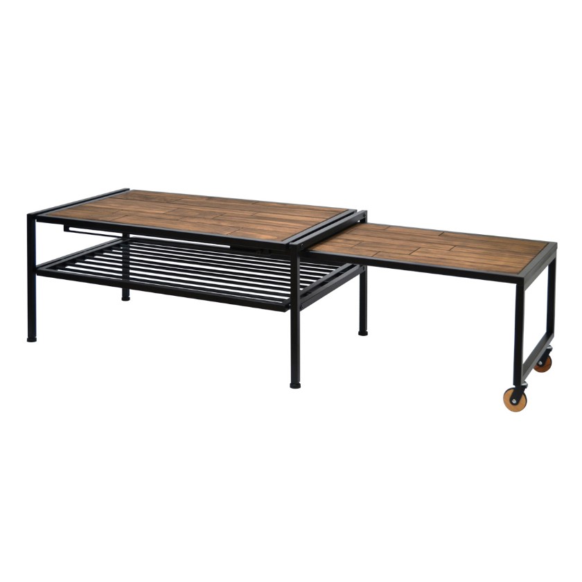 伸長式テーブル 幅92〜156cm 木製 収納付き 棚付き キャスター式無段階伸長 天然木 アイアン インダストリアル ブルックリンスタイル |  HUONEST