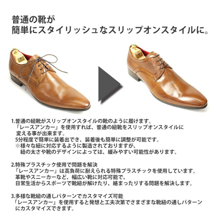 楽天市場 メール便 靴ひも 結ばない スニーカーや革靴の紐にも シューレース アンカー 結び目隠し 丸紐 平紐 ビジネスシューズ ドレスシューズ 靴紐 ほどけない レースアンカー シューアンカー 革靴 スニーカー 運動靴 ひも メンズ レディース クリア ブラック