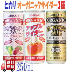 3種セット ヒカリ 有機サイダー3種( アップル ・ ぶどう ・ ジンジャーエール ) 250ml 炭酸飲料 オーガニック アソート 詰め合わせ 光食品 缶ジュース サワー 焼酎 プレゼント ギフト お中元 暑中見舞い