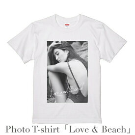 デザイン Tシャツ 「Love & Beach」 メンズ ホワイト 綿100% グラフィックT フォトT ビーチ 水着 オシャレ プレゼント 大きいサイズ ビッグTシャツ 【受注生産】