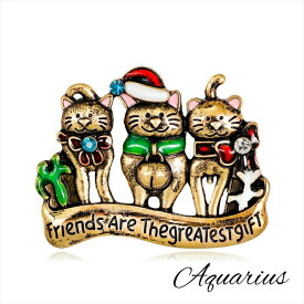 クリスマス 3匹 の 猫 ( ネコ ) サンタ アンティーク ブローチ★ギフトポーチ付き★