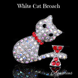 スワロフスキー 赤い リボン の ホワイト キャット (白猫 ネコ ) ブローチ