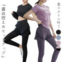 ヨガ ウェア レディース 半袖 トップス Tシャツ パンツ 2点セット ショートパンツ一体型 レギンス 上下 セットアップ スポーツウェア フィットネスウェア トレーニングウェア ピラティス 吸汗 速乾 バック メッシュ ラウンドヘム ハイウエスト 体型隠し 伸縮性 薄手 無地 黒