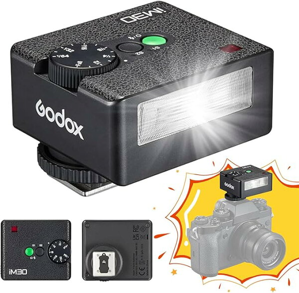 日本正規販売店【日本語説明書付き、当店商品はPSEマーク付き】Godox IM30 or IM20 カメラフラッシュ マニュアルフラッシュ Mini Flash for Canon Sony Nikon Fuji Olympus Ricoh GR3, GN15, S1/S2調光, サイクル時間は3.6秒で, 7段階パワーレベル(1/64~1/1),