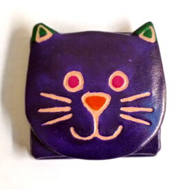 山羊革 アニマルコインパース ちびねこ 【紫】 フェアトレード ヤギ革 コインケース 猫
