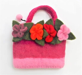 ミニバスケットバッグ 4 花【ピンク】フェルト フラワー felt wool pink flower フエルト bag カバン 鞄 かばん フェアトレード fairtrade ウール