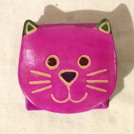 山羊革 ちびねこ 【紫がかったピンク】 アニマルコインパース フェアトレード ヤギ革 コインケース ねこ 猫