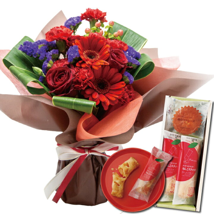 楽天市場 還暦祝い 誕生日 プレゼント 母 父 祖母 女性 上司 退職祝い 出産 結婚 内祝い お祝いレッド 花束とアップルパイ マドレーヌフラワーギフト セット話題クチコミ 送料無料 名入れ 写真入り メッセージカード 初節句 結婚祝 Se ギフトセット 退職お祝い