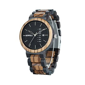 ビーウェル BEWELL ウッドウォッチ 木製腕時計 メンズ 男性用 Bewell Men's Wood Quartz Watches Zebrawood and Ebony Wooden Watch with All Wood Strap