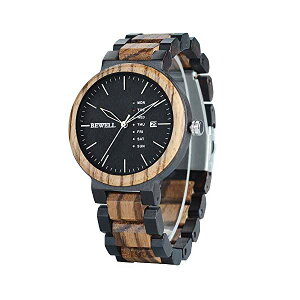 r[EF BEWELL EbhEHb` ؐrv Y jp Bewell Men's Wood Quartz Watches Zebrawood and Ebony Wooden Watch with All Wood Strap