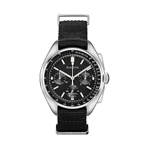 �u���[�o �r���v �E�H�b�` BULOVA 96A225 ���v �A�[�J�C�u�V���[�Y �N���m�O���t �����Y �j���p Bulova Archive Series Mens Stainless Steel with Black Nylon Strap Lunar Pilot Chronograph , Silver-Tone (Model: 96A225)