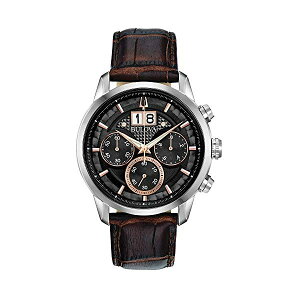 u[o rv EHb` BULOVA 96B311 v NVbN NmOt Y jp Bulova Classic Chronograph Mens Watch, Stainless Steel with Brown Leather Strap, Silver-Tone (Model: 96B311)