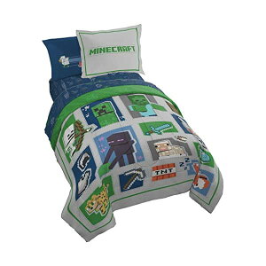 �}�C���N���t�g �x�b�h�J�o�[ ���J�o�[ �x�b�h�Z�b�g �C���e���A �������� �O�b�Y Minecraft Patchwork Mobs 5 Piece Twin Bed Set Includes Comforter & Sheet Set Bedding Features Creeper, Ghost, Zombie, & Enderman Super Soft (Off