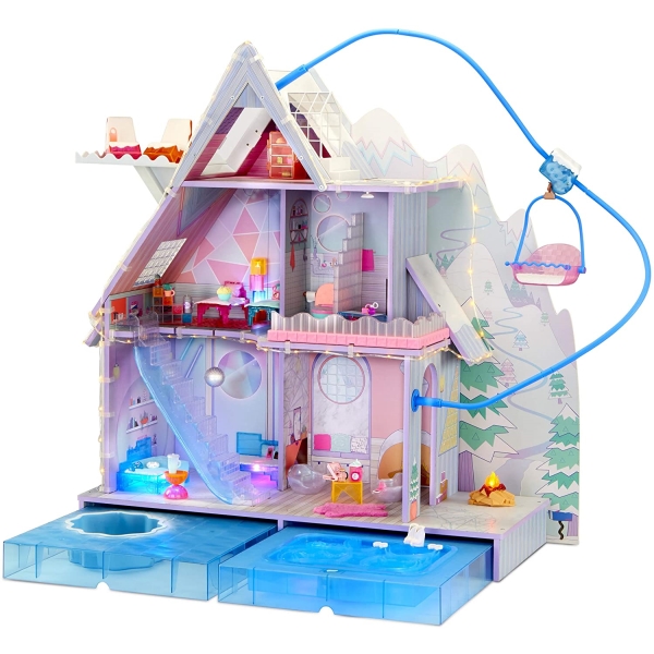 LOLサプライズ ドールハウス OMG ウィンターディスコ ファッションドール フィギュア 人形 グッズ L.O.L. Surprise O.M.G. Winter Chill Cabin Doll Surprises and Rink House 95+ with Hot Real 美品 ☆新作入荷☆新品 Tub Ice Skating Wooden