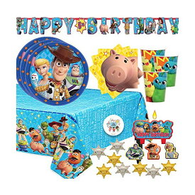 トイストーリー4 バースデー パーティーセット お誕生日会 パーティーグッズ おもちゃ グッズ Toy Story 4 Birthday Party Supplies Pack For 16 With Toy Story Plates, Napkins, Cups, Birthday Candles, Tablecover, Add An Age Birthday Banner, 12 Sheriff Badges